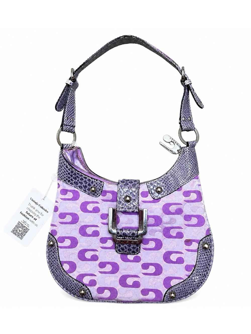 Rare Y2K Purple Satin Monogram GUESS Hobo Shoulder Bag